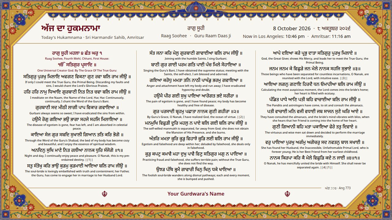 The Hukamnama line by line with its English translation, inside the Palki border.